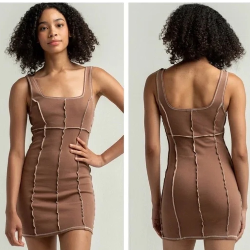 Beige brown mini tank dress with exposed seams